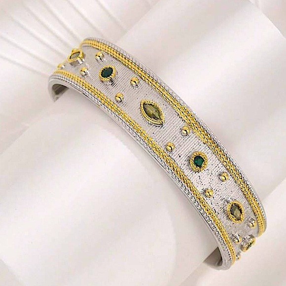 Silver Gold Peridot & Emerald Stone Bangle Bracelet Matching Ring Set - Picture 8 of 9